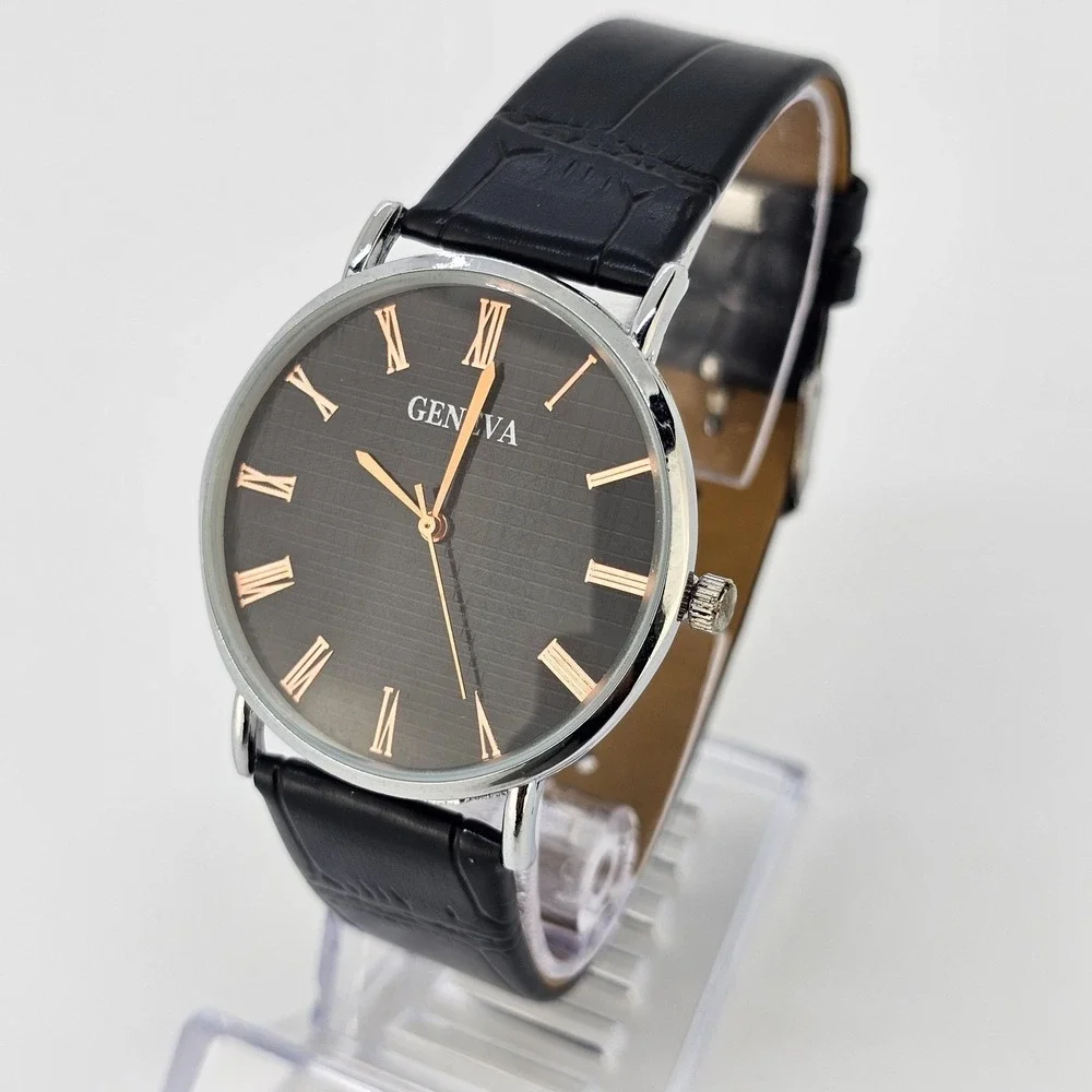 Men's Analog Watch 38MM Black Dial Black Faux Leather Bands New Battery
